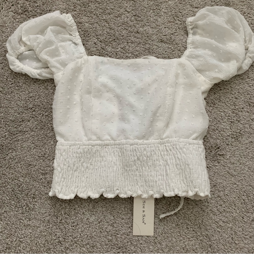 White Swiss Dot Puff Sleeve Smocked Waist Top